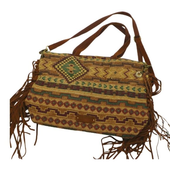 Vintage Lucky Brand Medium Fringe Leather Tapestry Southwestern Boho Handbag 80s - Picture 1 of 8